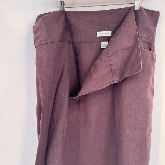 Calvin Klein Vtg Dark Brown Linen Wrap Front Midi Skirt Women's Sz 14 - Picture 5 of 13
